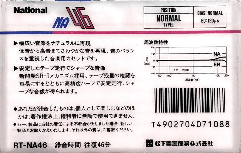 Compact Cassette National NA 46 "RT-NA46" Type I Normal 1987 Japan