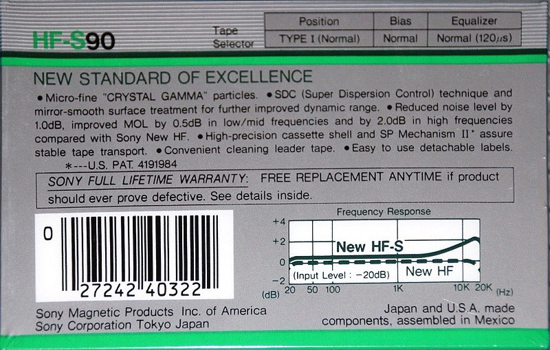 Compact Cassette Sony HF-S 90 Type I Normal 1986 USA