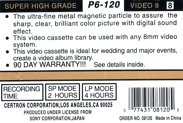 Video8, Hi8, Digital8 Certron 120 Type IV Metal USA
