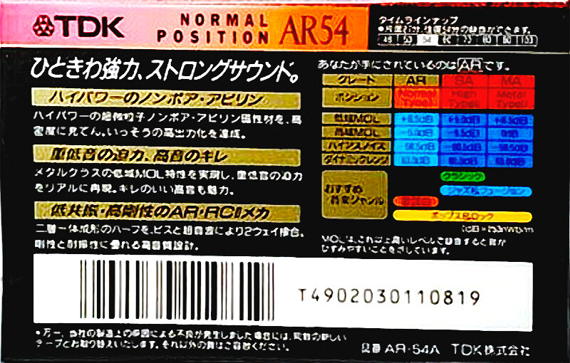 Compact Cassette TDK AR 54 "AR-54A" Type I Normal 1993 Japan