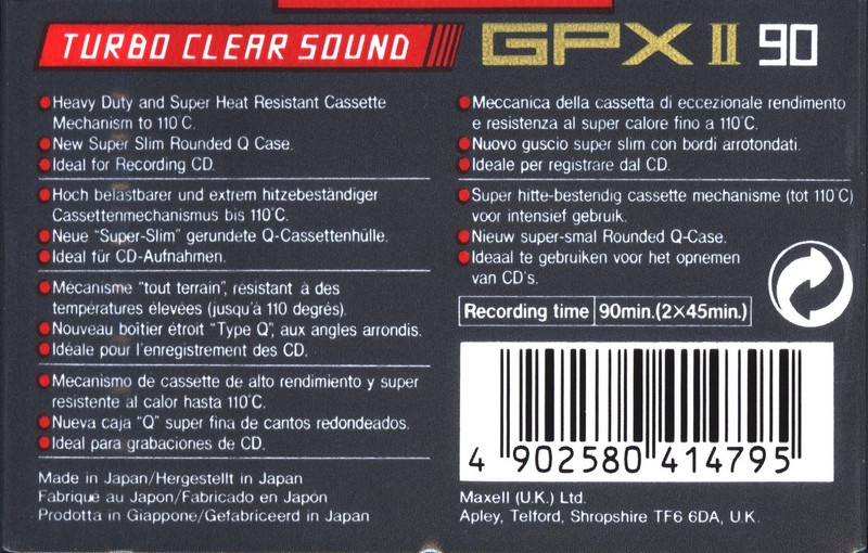 Compact Cassette Maxell GPX 90 Type II Chrome 1992 Europe