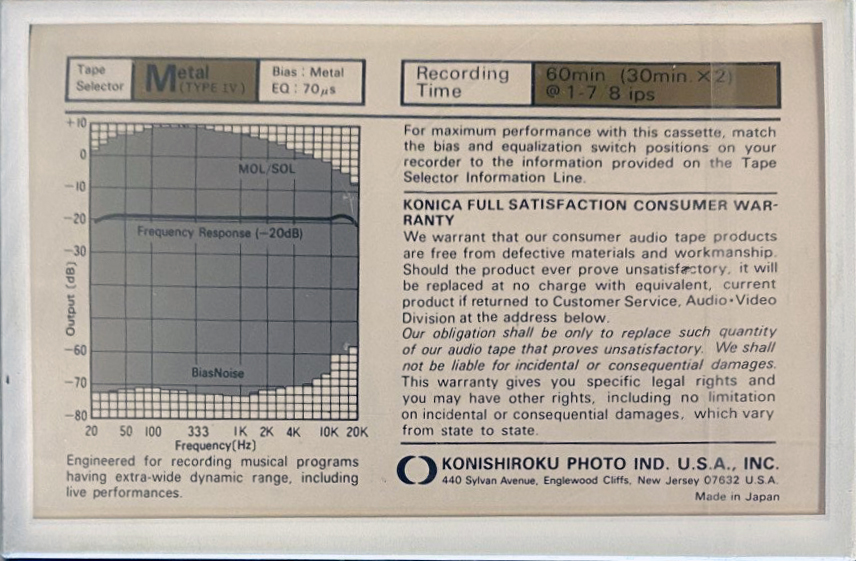 Compact Cassette Konica Metal 60 Type IV Metal 1985 USA