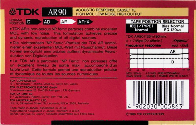 Compact Cassette TDK AR 90 "AR-90N" Type I Normal 1988 Australia, Europe