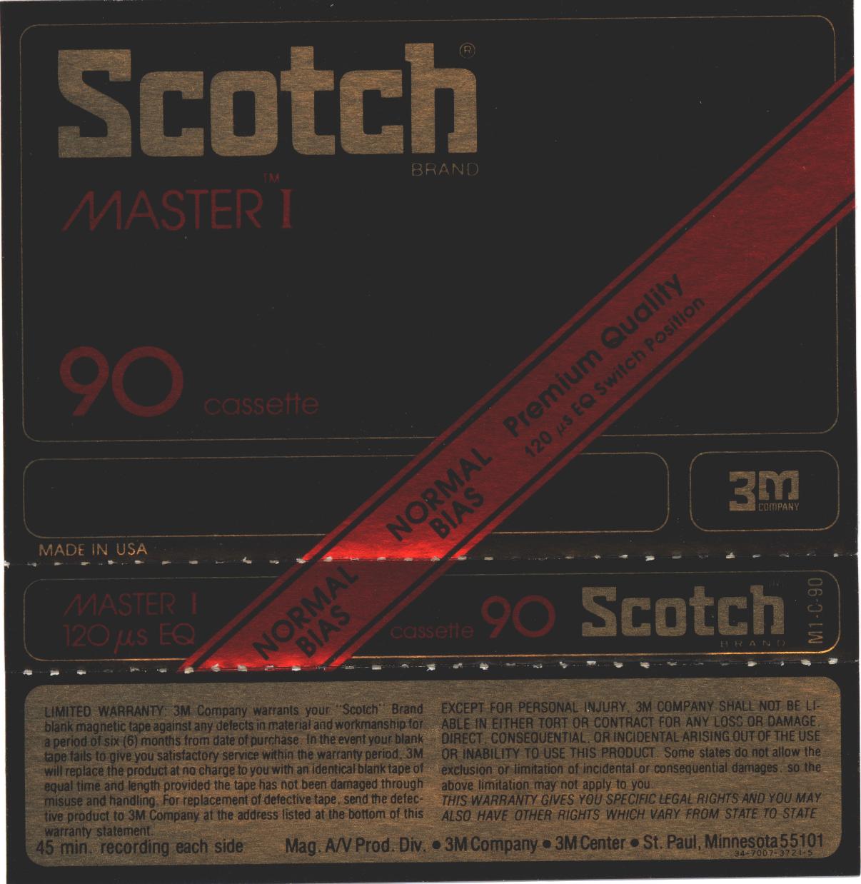 Compact Cassette Scotch Master I 90 Type I Normal 1979 USA