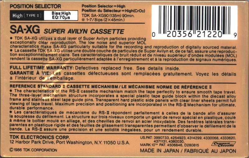 Compact Cassette TDK SA-XG 90 Type II Chrome 1986 North America