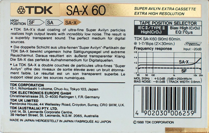 Compact Cassette TDK SA-X 60 Type II Chrome 1988 Australia, Europe