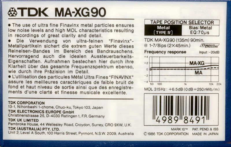 Compact Cassette TDK MA-XG 90 Type IV Metal 1986 Australia, Europe