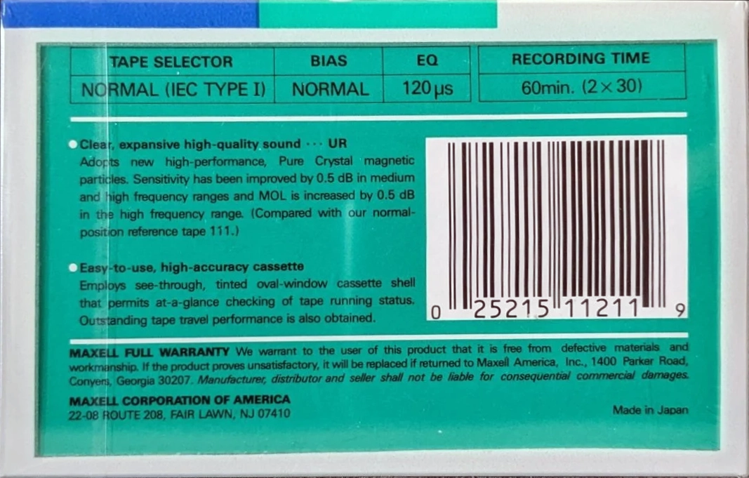 Compact Cassette Maxell UR 60 Type I Normal 1988 USA