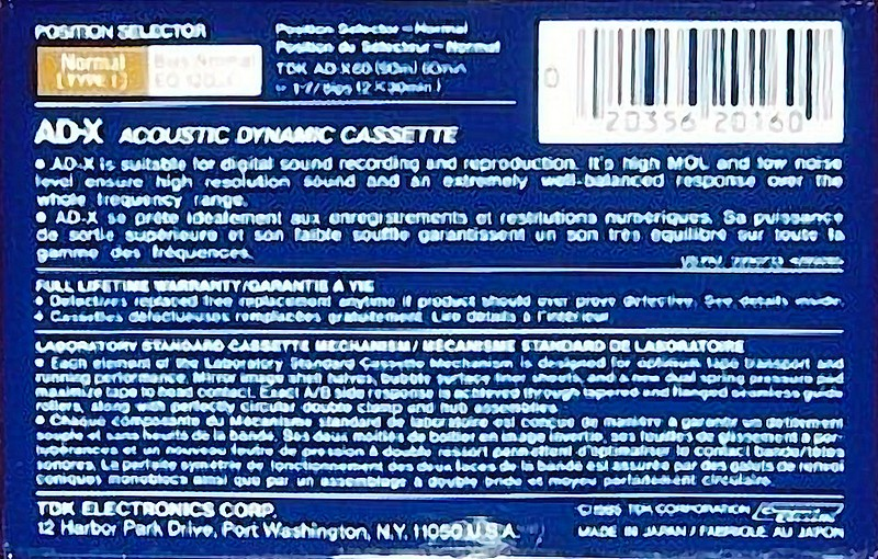 Compact Cassette TDK AD-X 60 Type I Normal 1985 North America