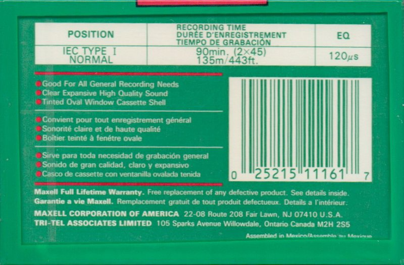 Compact Cassette Maxell UR 90 Type I Normal 1992 North America