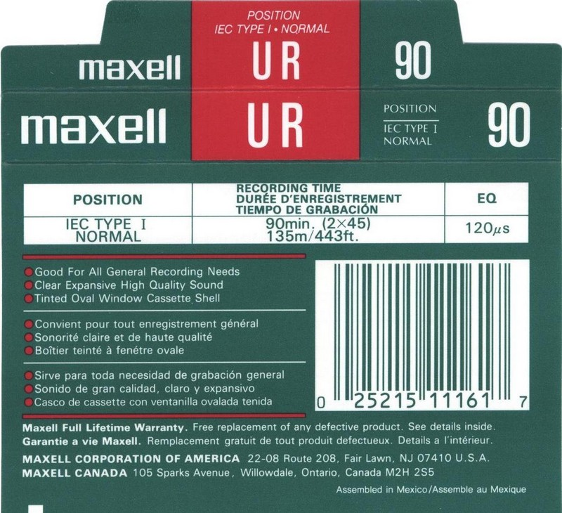 Compact Cassette Maxell UR 90 Type I Normal 1992 North America