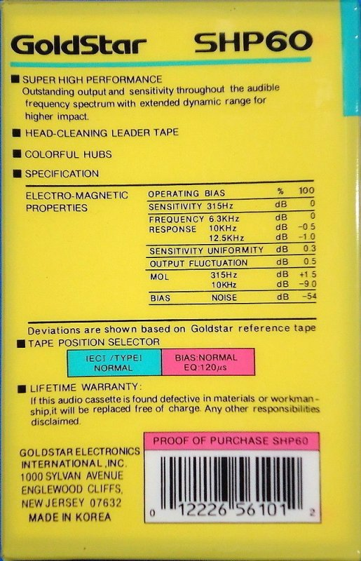 Compact Cassette Goldstar SHP 60 Type I Normal 1991 USA