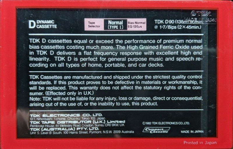 Compact Cassette TDK D 90 Type I Normal 1982 Australia, Europe
