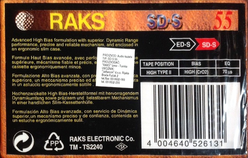 Compact Cassette RAKS SD-S 55 Type II Chrome 1993 Europe