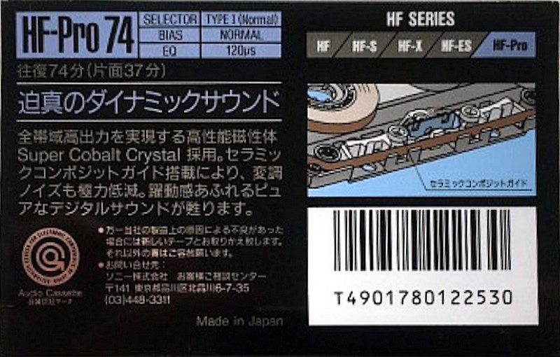 Compact Cassette Sony HF-Pro 74 "HF-PRO74B" Type I Normal 1989 Japan