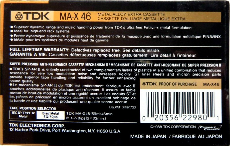 Compact Cassette TDK MA-X 46 Type IV Metal 1988 USA