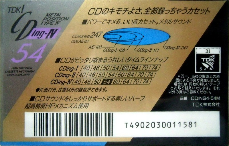 Compact Cassette TDK CDing Metal 54 "CDING4-54M" Type IV Metal 1990 Japan