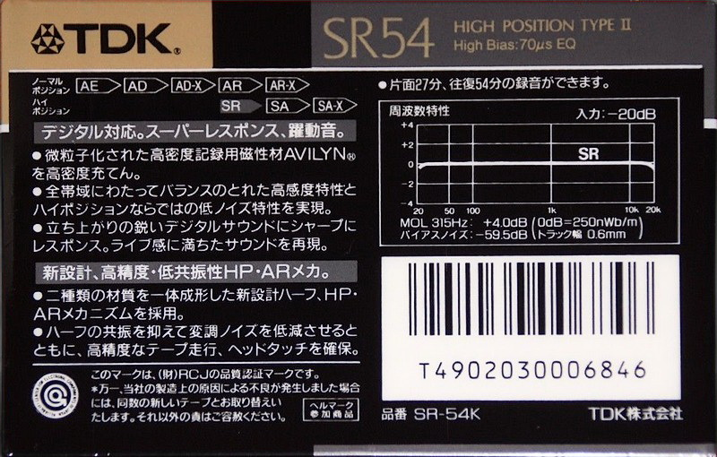 Compact Cassette TDK SR 54 "SR-54K" Type II Chrome 1989 Japan