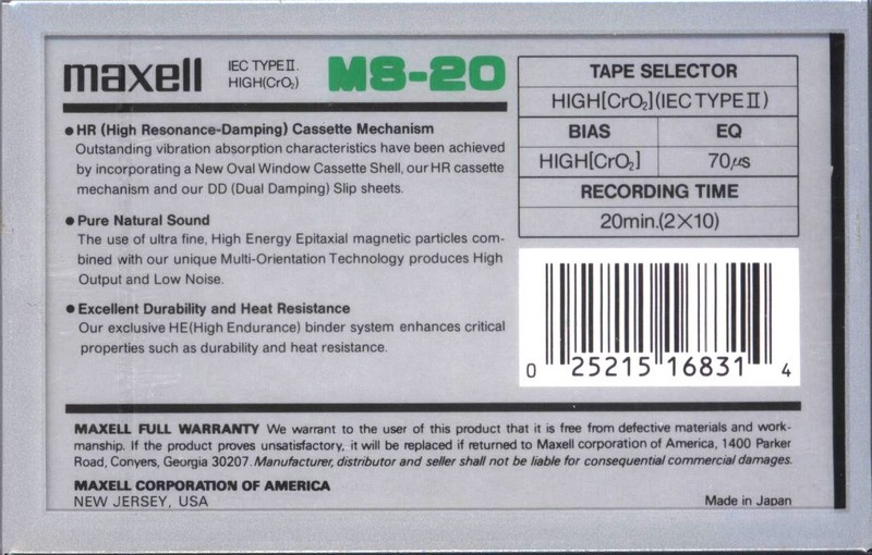 Compact Cassette Maxell Studio Tape MS 20 Type II Chrome 1997 USA