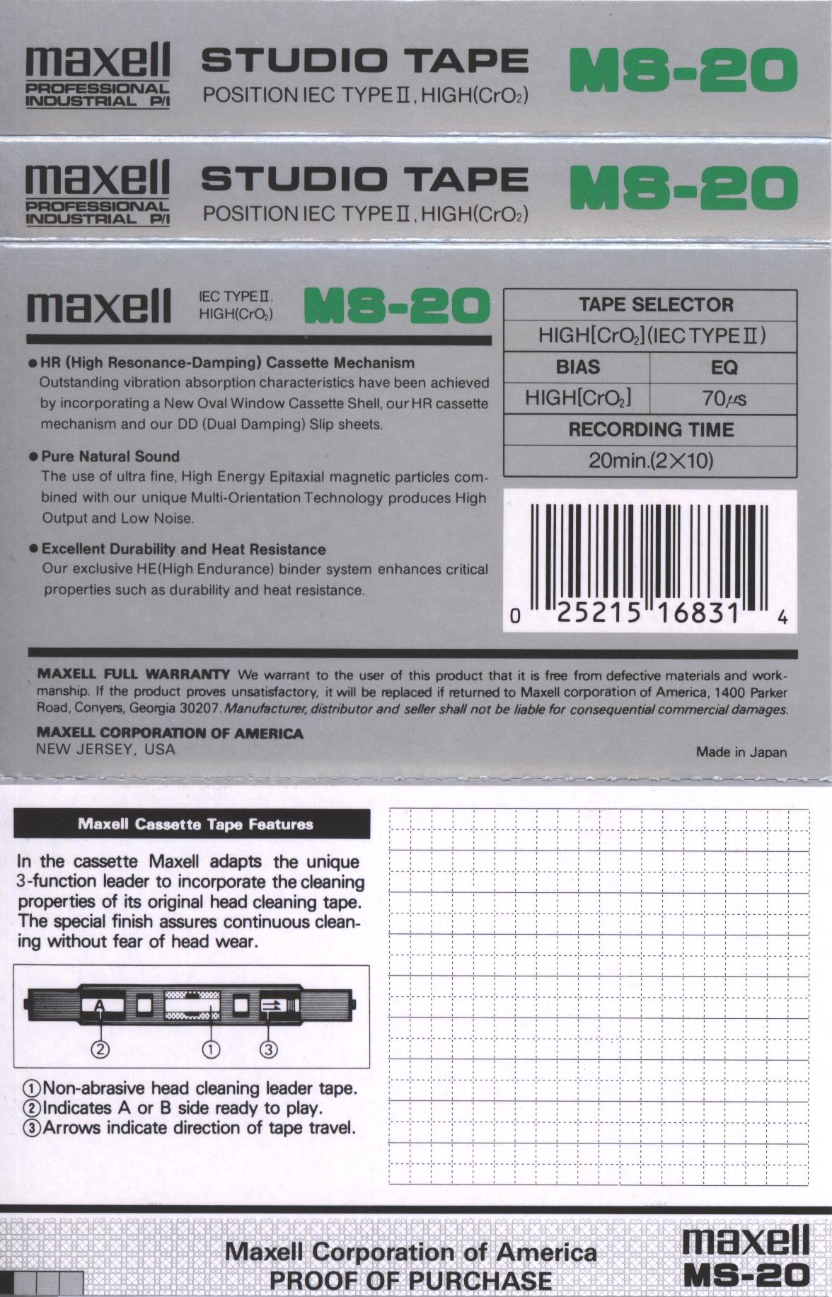 Compact Cassette Maxell MS 20 "Studio Tape" Type II Chrome 1993 USA