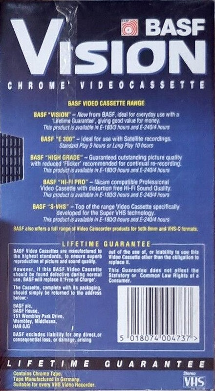VHS, Video Home System BASF Vision 60 Type II Chrome 1996 UK