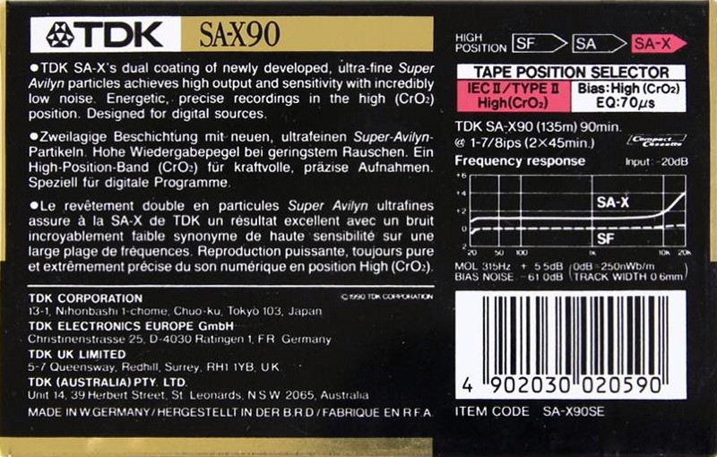Compact Cassette TDK SA-X 90 "SA-X90SE" Type II Chrome 1990 Australia, Europe