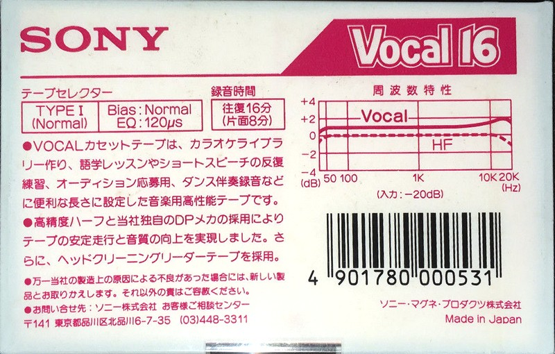 Compact Cassette Sony Karaoke Vocal 16 Type I Normal 1983 Japan