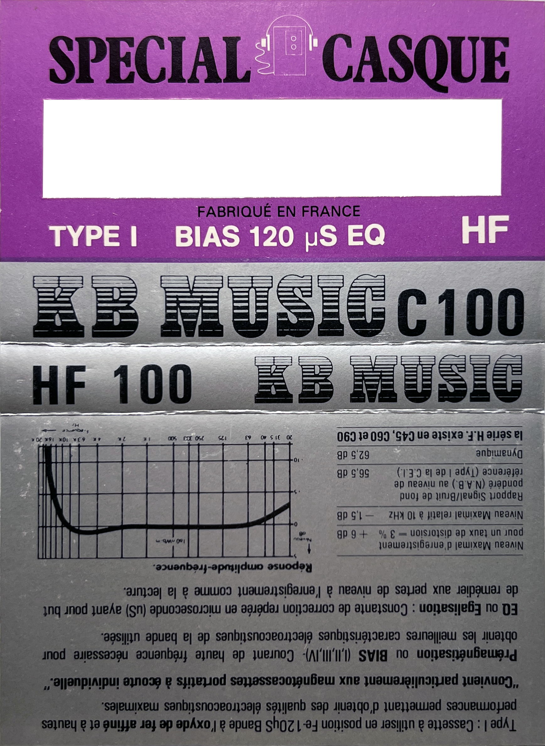 Compact Cassette KB Music HF 100 "Special casque" Type I Normal 1984 France
