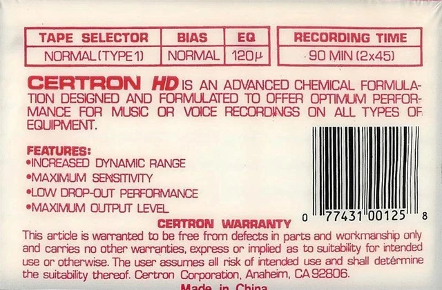 Compact Cassette Certron HD 90 Type I Normal 1988 USA