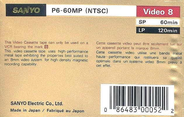 Video8, Hi8, Digital8 Sanyo 60 "Extra HG" Type IV Metal 1985 Canada