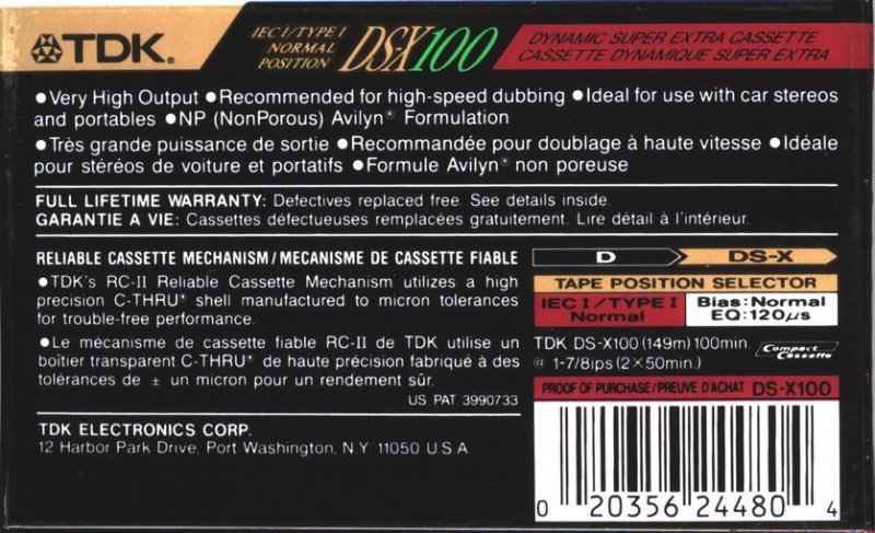 Compact Cassette TDK DS-X 100 "DS-X100" Type I Normal 1991 North America