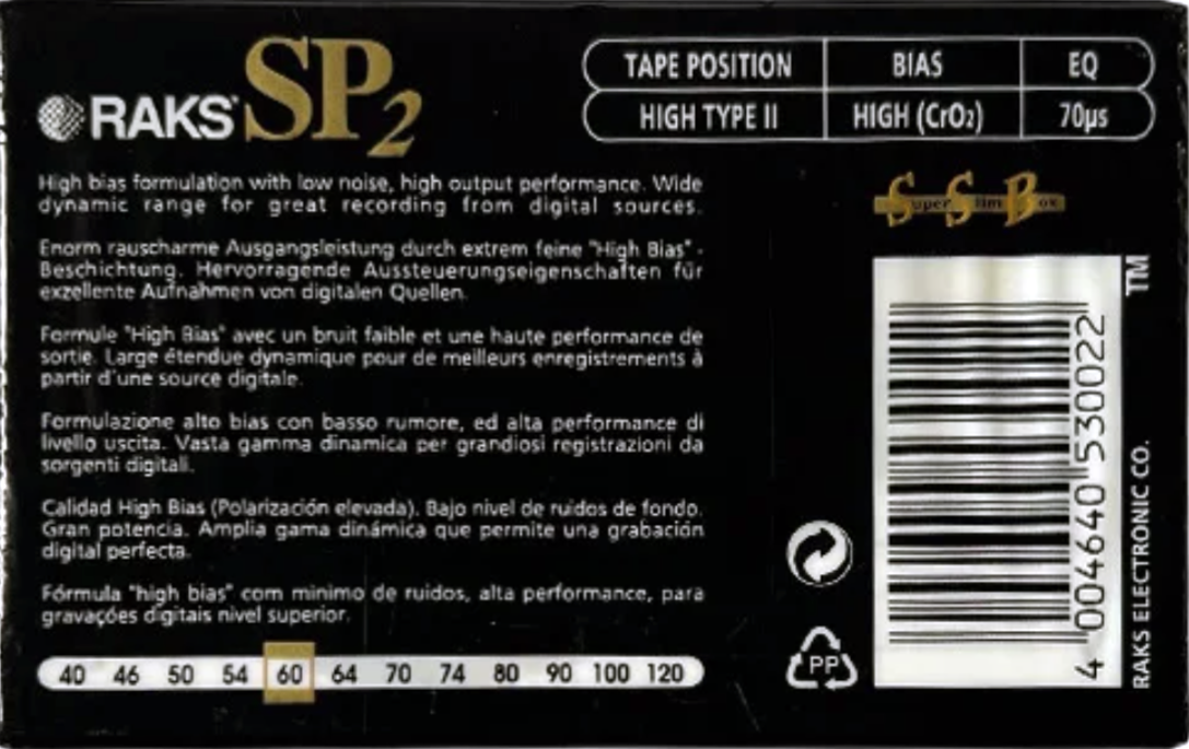 Compact Cassette RAKS SP 60 "SP 2" Type II Chrome 1996 Europe