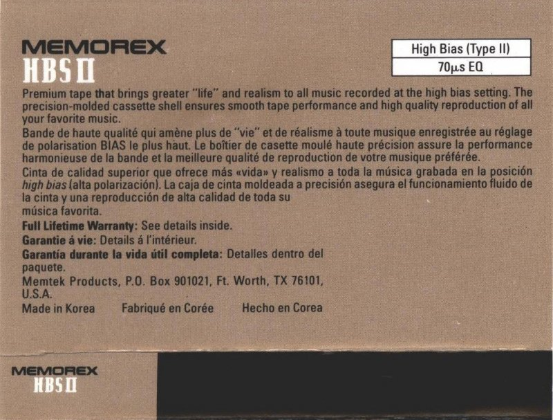 Compact Cassette Memorex HBS II 90 Type II Chrome 1994 North America