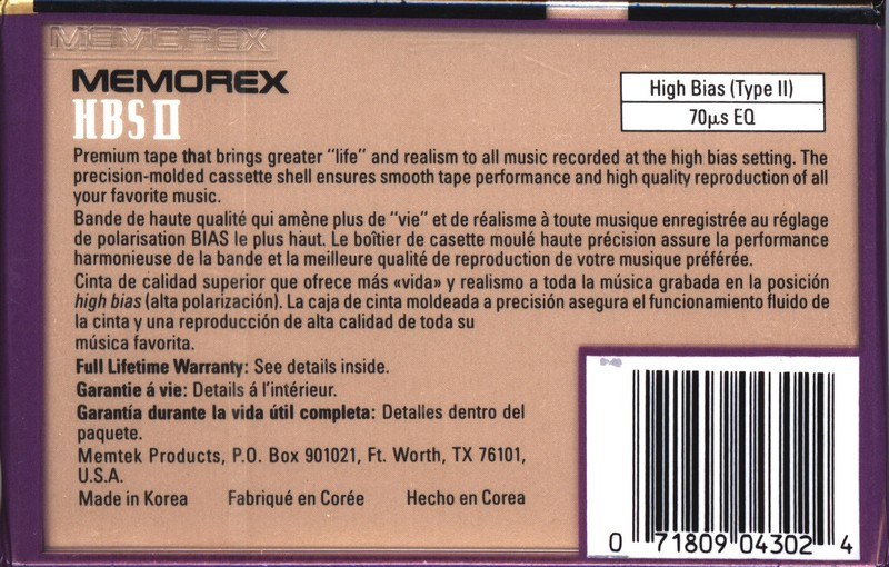 Compact Cassette Memorex HBS II 90 Type II Chrome 1994 North America