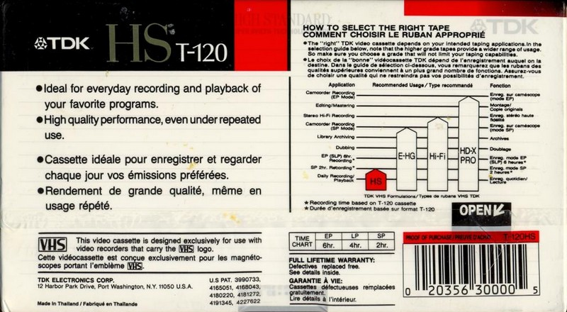 VHS, Video Home System TDK HS 120 "T-120HS" Type II Chrome North America