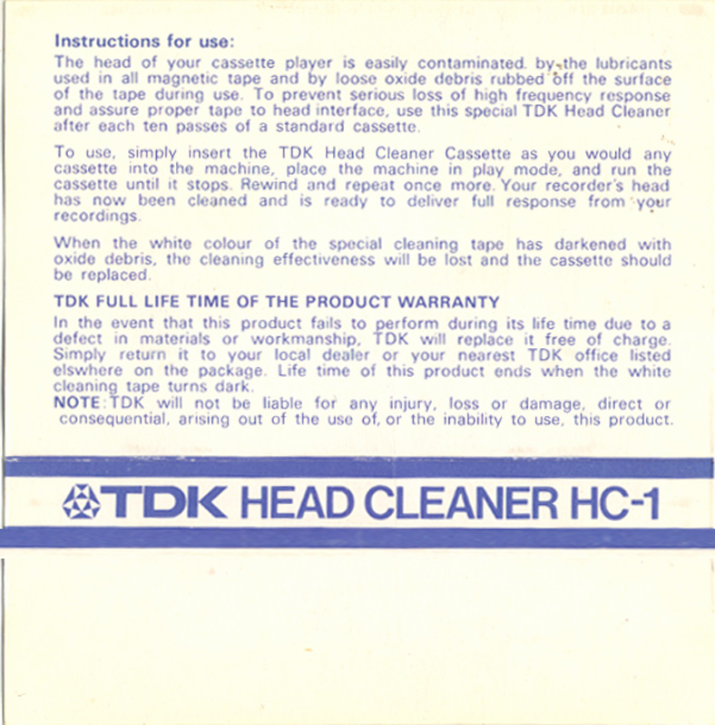 Compact Cassette TDK "HC-1" Cleaning Cassette Europe, USA