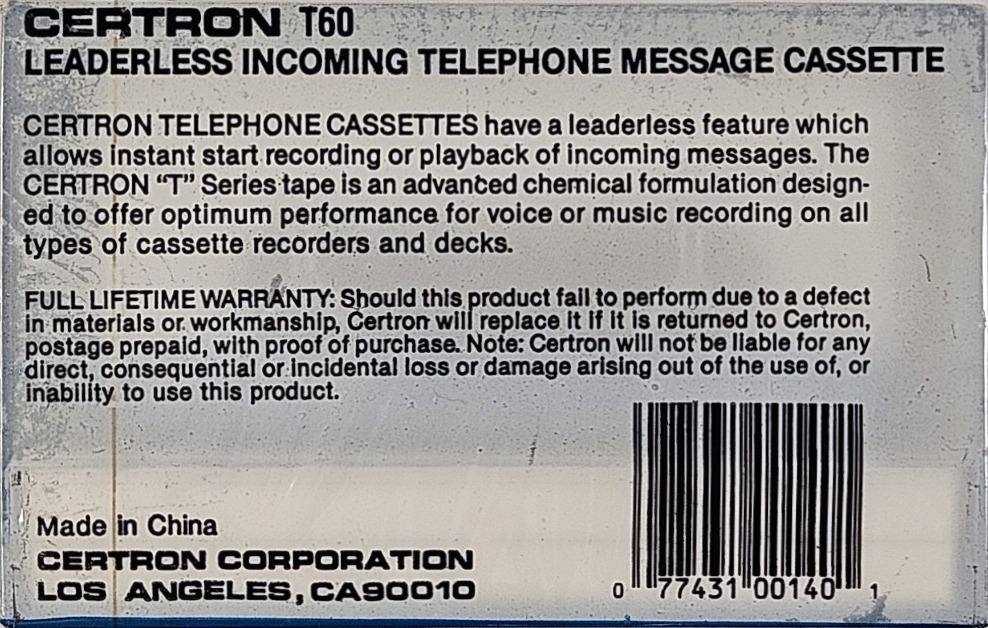 Compact Cassette Certron Telephone 60 Type I Normal 1989 USA