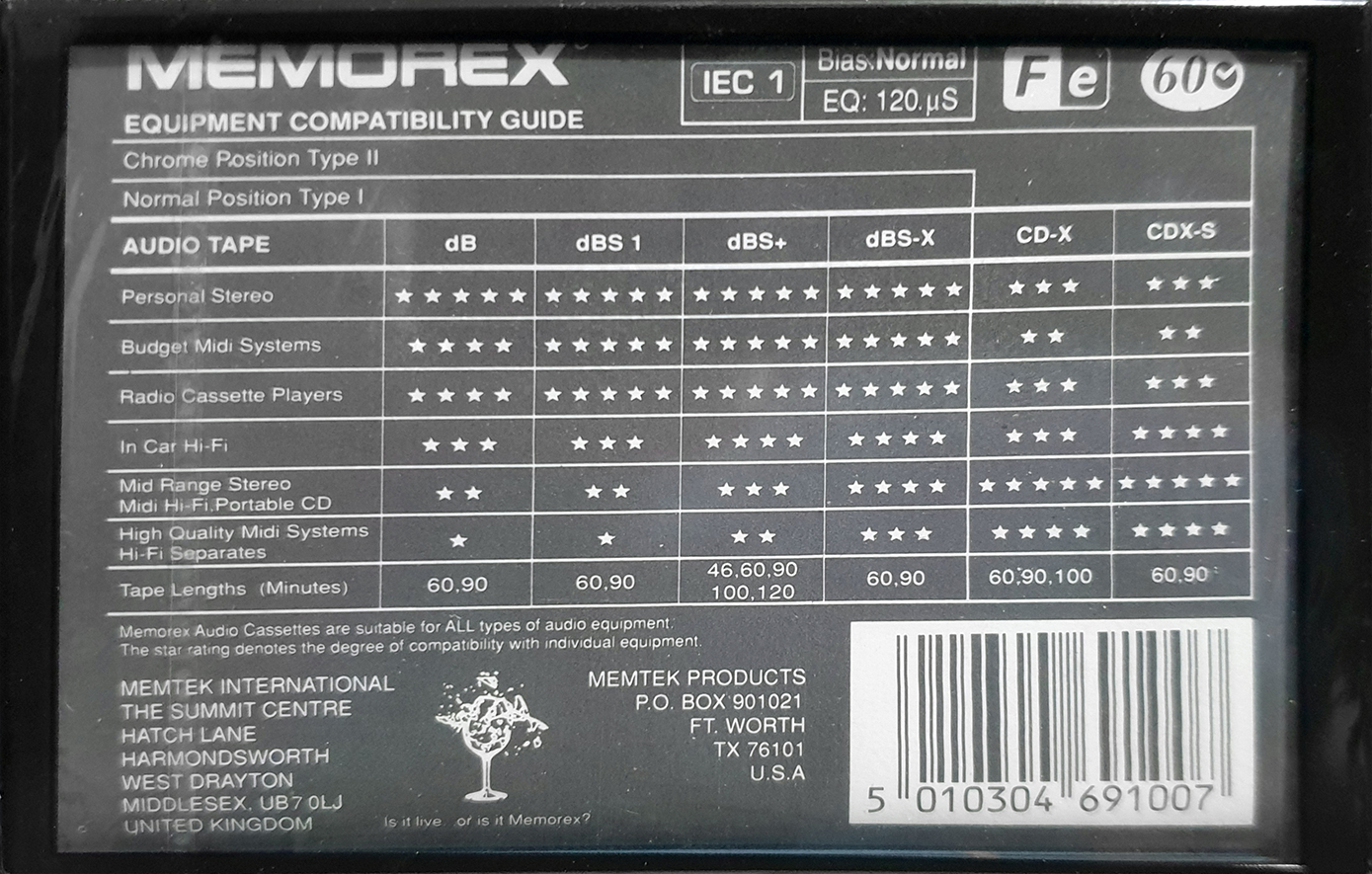 Compact Cassette Memorex dB 60 Type I Normal 1993 Europe