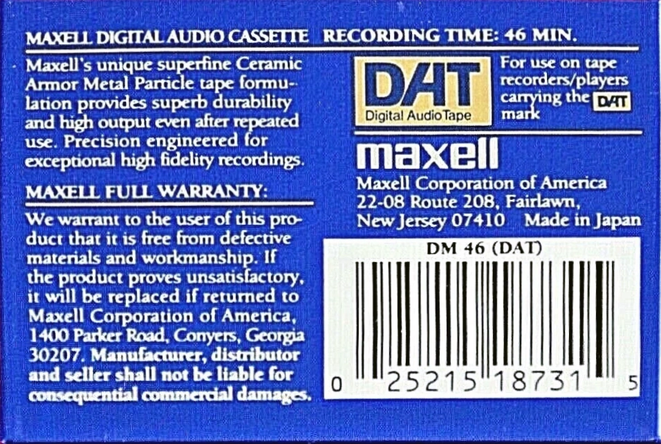 Digital Audio Tape Maxell 46 Type IV Metal 1989 USA
