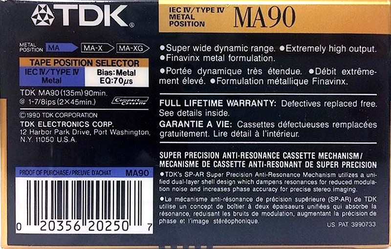 Compact Cassette TDK MA 90 Type IV Metal 1990 North America