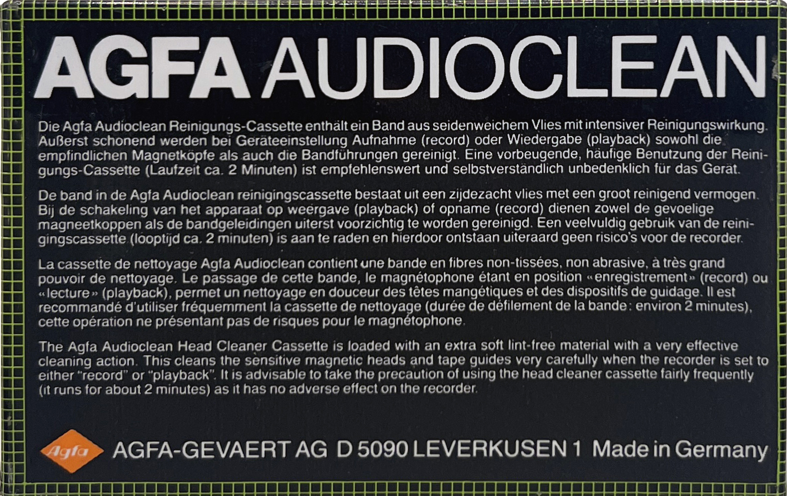 Compact Cassette AGFA "Audioclean" Cleaning Cassette 1982 Europe