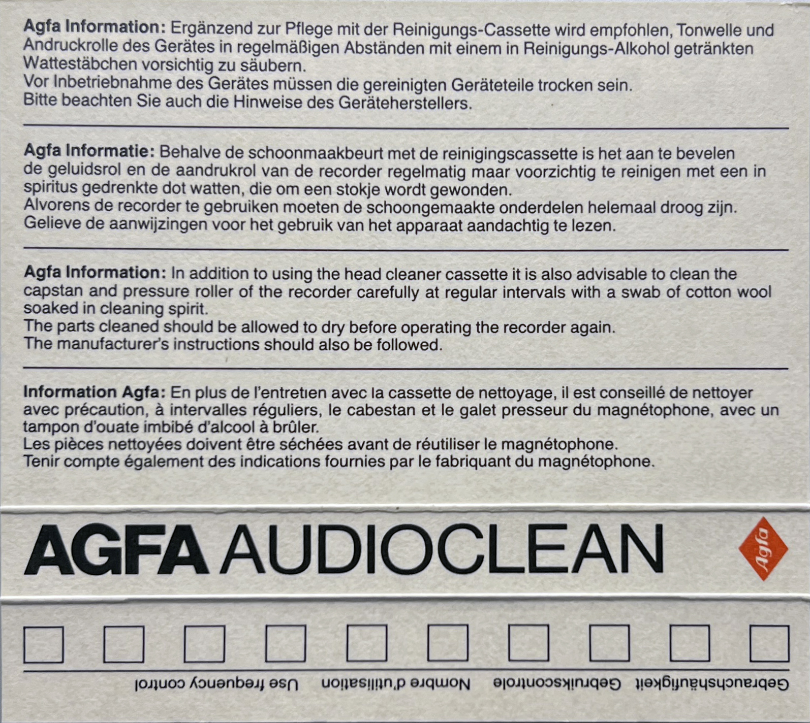 Compact Cassette AGFA "Audioclean" Cleaning Cassette 1982 Europe