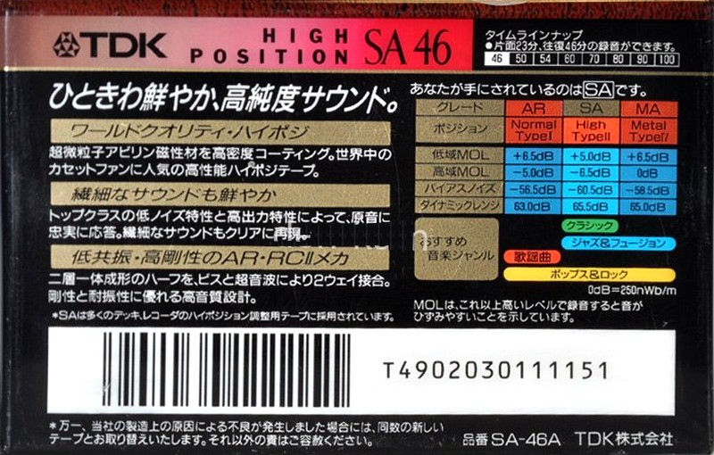 Compact Cassette TDK SA 46 "SA-46A" Type II Chrome 1993 Japan