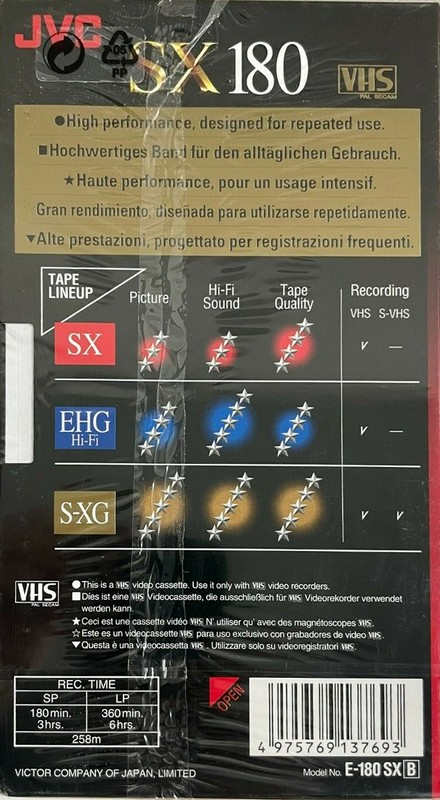 VHS, Video Home System JVC SX 180 "E-180 SX B" Type I Normal 2002 Europe