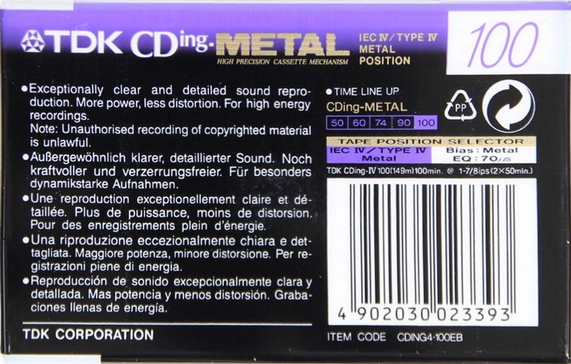 Compact Cassette TDK CDing Metal 100 "CDING4-100EB" Type IV Metal 1997 Europe