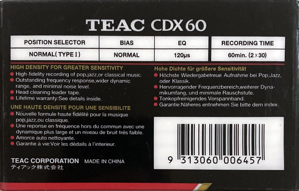 Compact Cassette Teac CDX 60 Type I Normal 1990 Australia