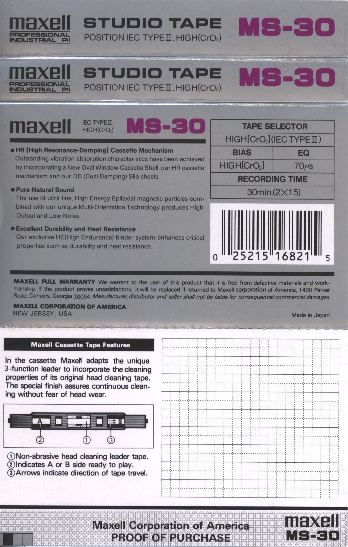 Compact Cassette Maxell MS 30 "Studio Tape" Type II Chrome 1993 USA