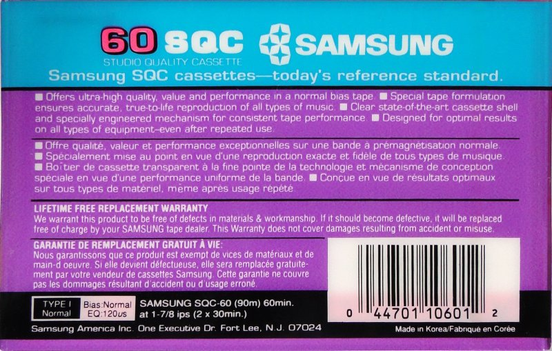 Compact Cassette Samsung SQC 60 Type I Normal 1990 North America