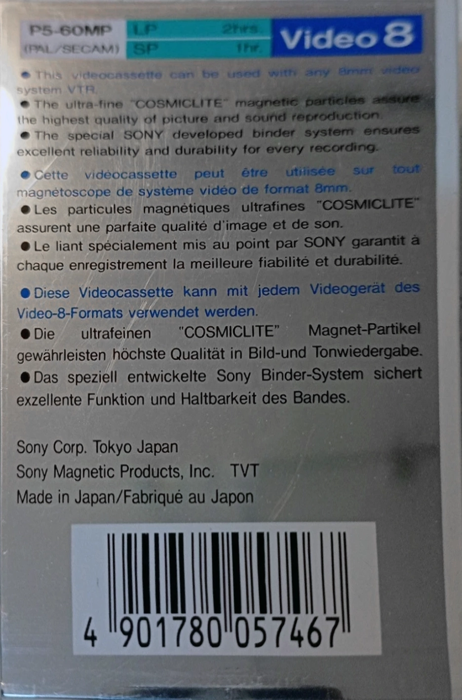 Video8, Hi8, Digital8 Sony MP 60 "P5-60MP" Type IV Metal 1987 Europe