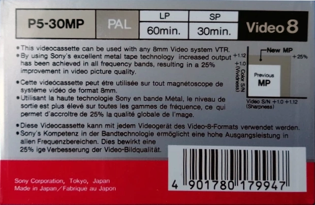 Video8, Hi8, Digital8 Sony MP 30 "P5-30MPB" Type IV Metal 1992 Europe